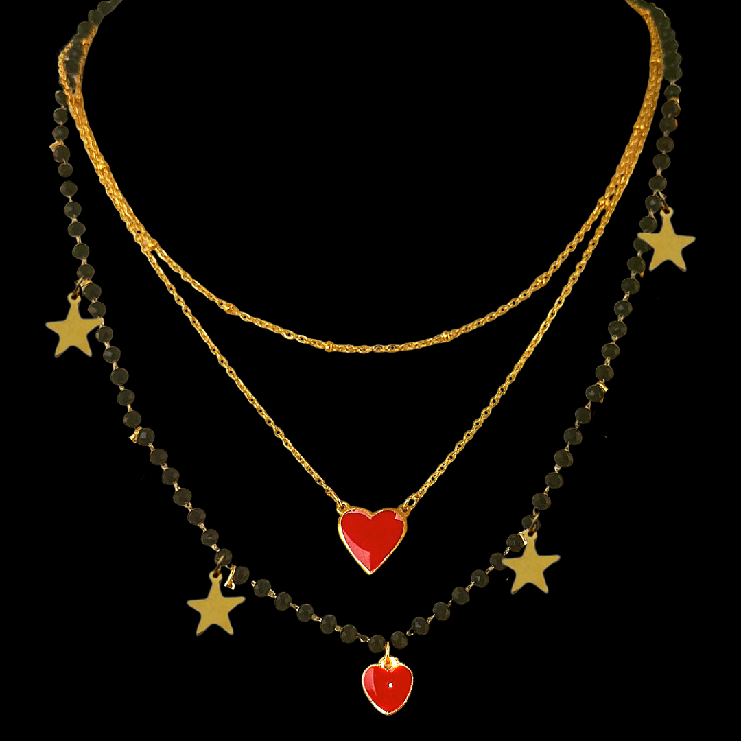 Collana 3 fili catena rosario cuori e stelle - Emporiobbligatorio